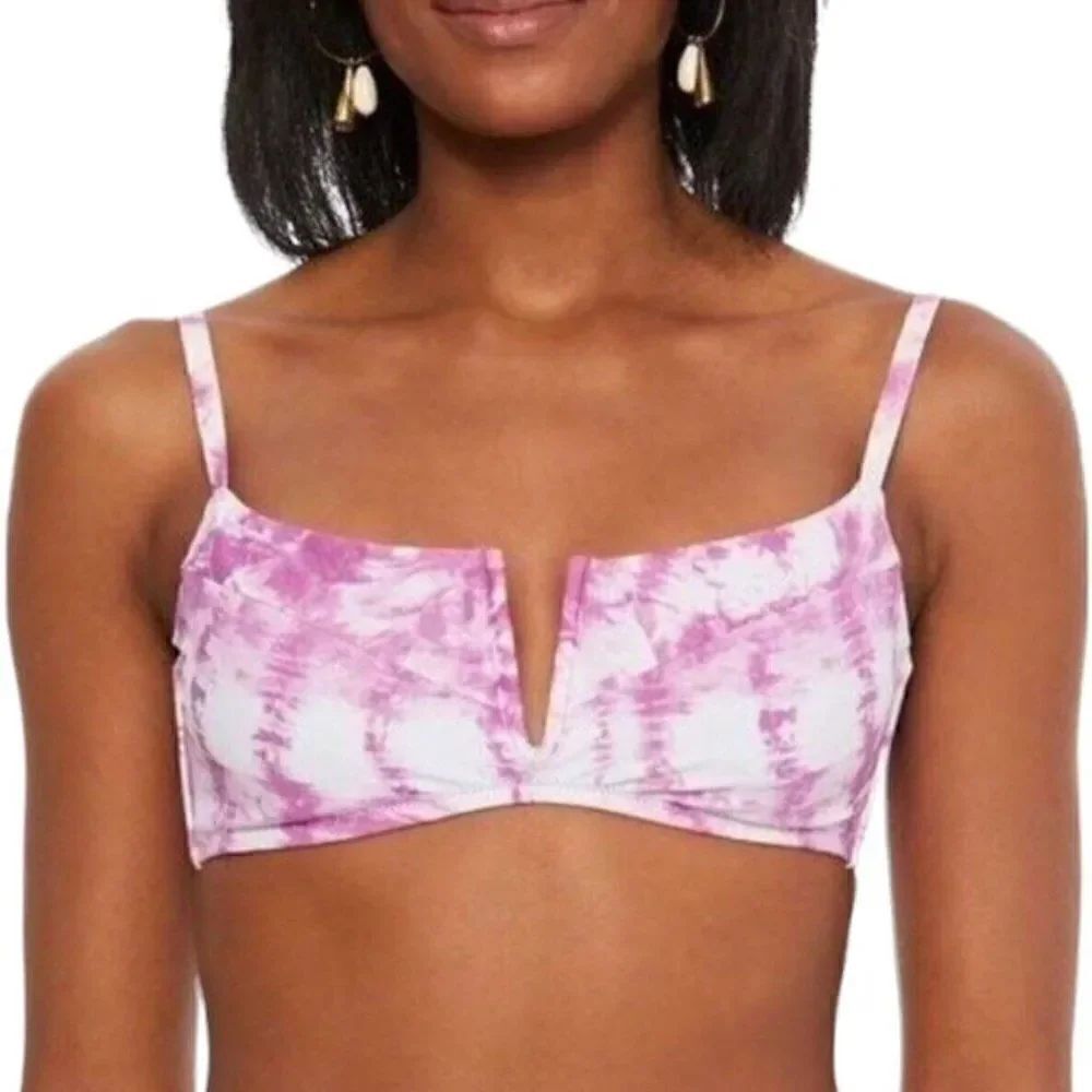 Bar III Purple Fuchsia Summer Stripes V-Wire Bikini Swim Top Large  NWT
